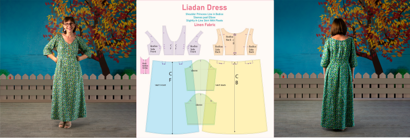 My Liadan Dress pattern - pattern pieces and photo of the dress