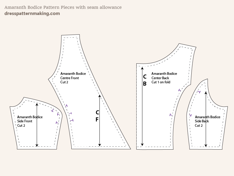 Amaranth Bodice Pattern Pieces with seam allowance