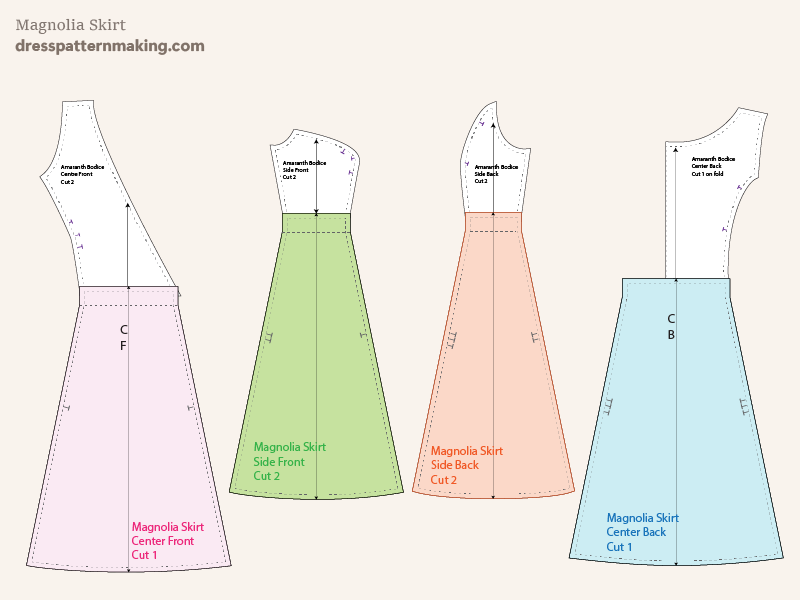 Magnolia Skirt pieces shown matched up to Amaranth Bodice Pattern pieces