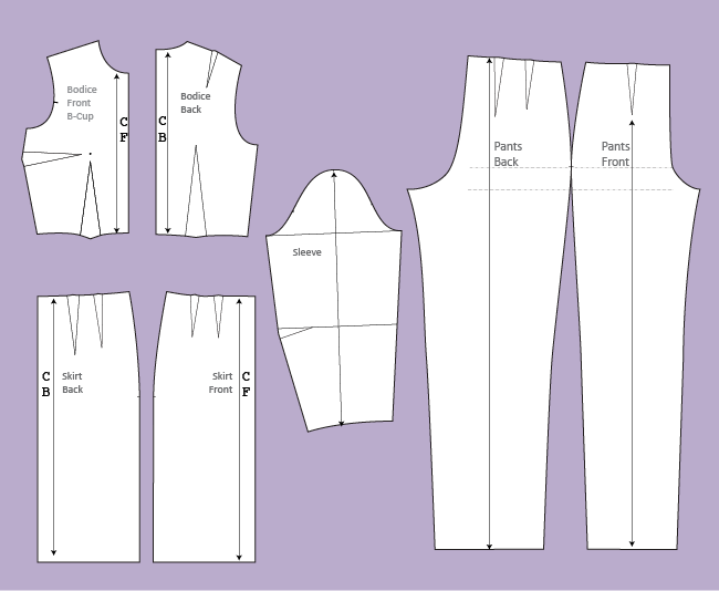 Example full block set: bodice, sleeve, skirt and pants