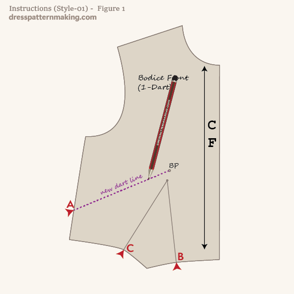 New dart line drawn from the side seam to the bust point
