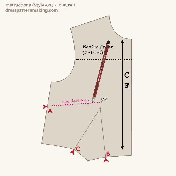 Draw new dart line from side seam to bust point