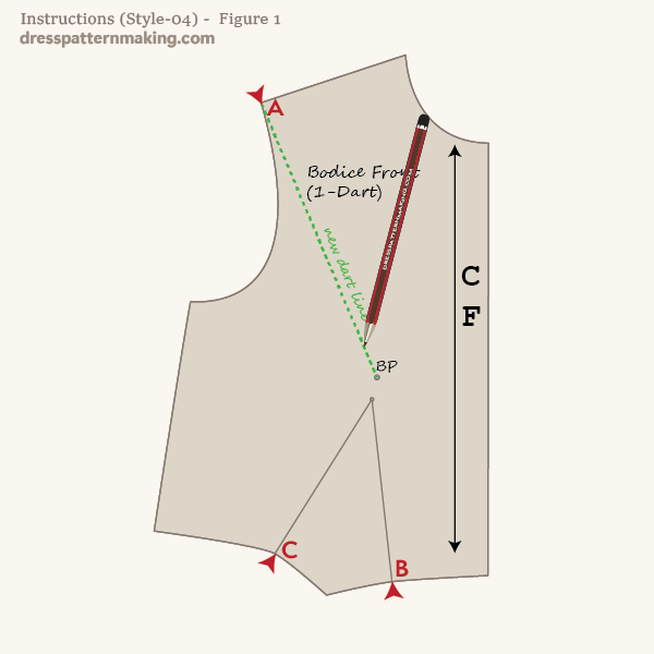 Draw new dart line from shoulder tip to bust point