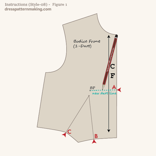 Draw new dart line from A to bust point