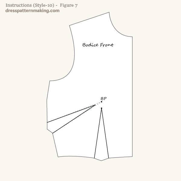 Finished flat pattern with darts forming V shape at CF waist