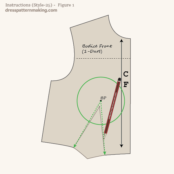 Draw the dart legs and the bust-mound circle