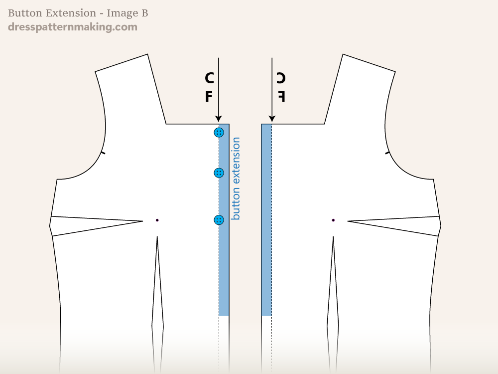 Close-up of the opposite side of the bodice, illustrating buttonhole placement. The image shows both horizontal and vertical buttonholes and how a small portion extends past the CF line onto the button extension.