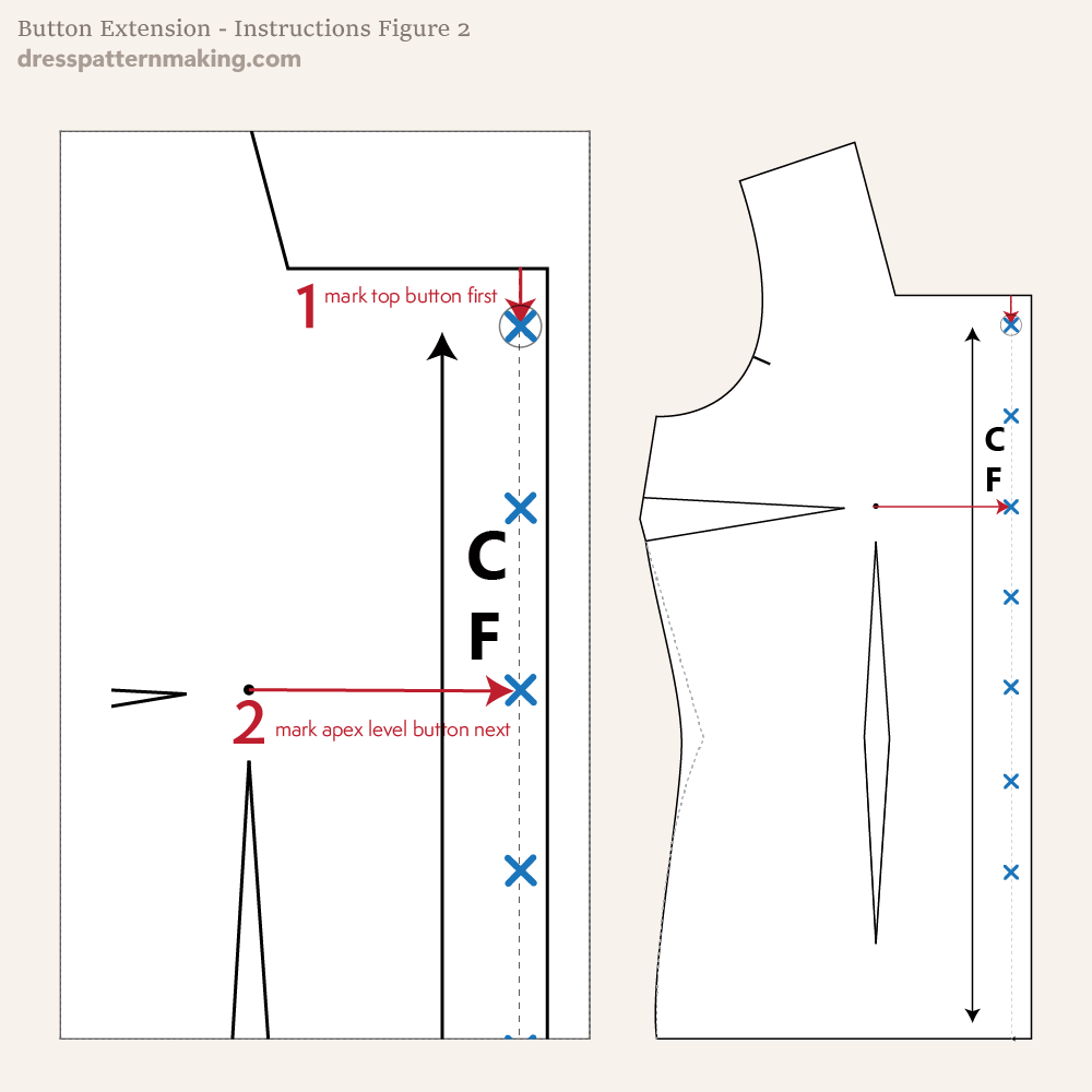 A marked bodice block showing measured placements for buttons along the center front, with guides for even distribution.