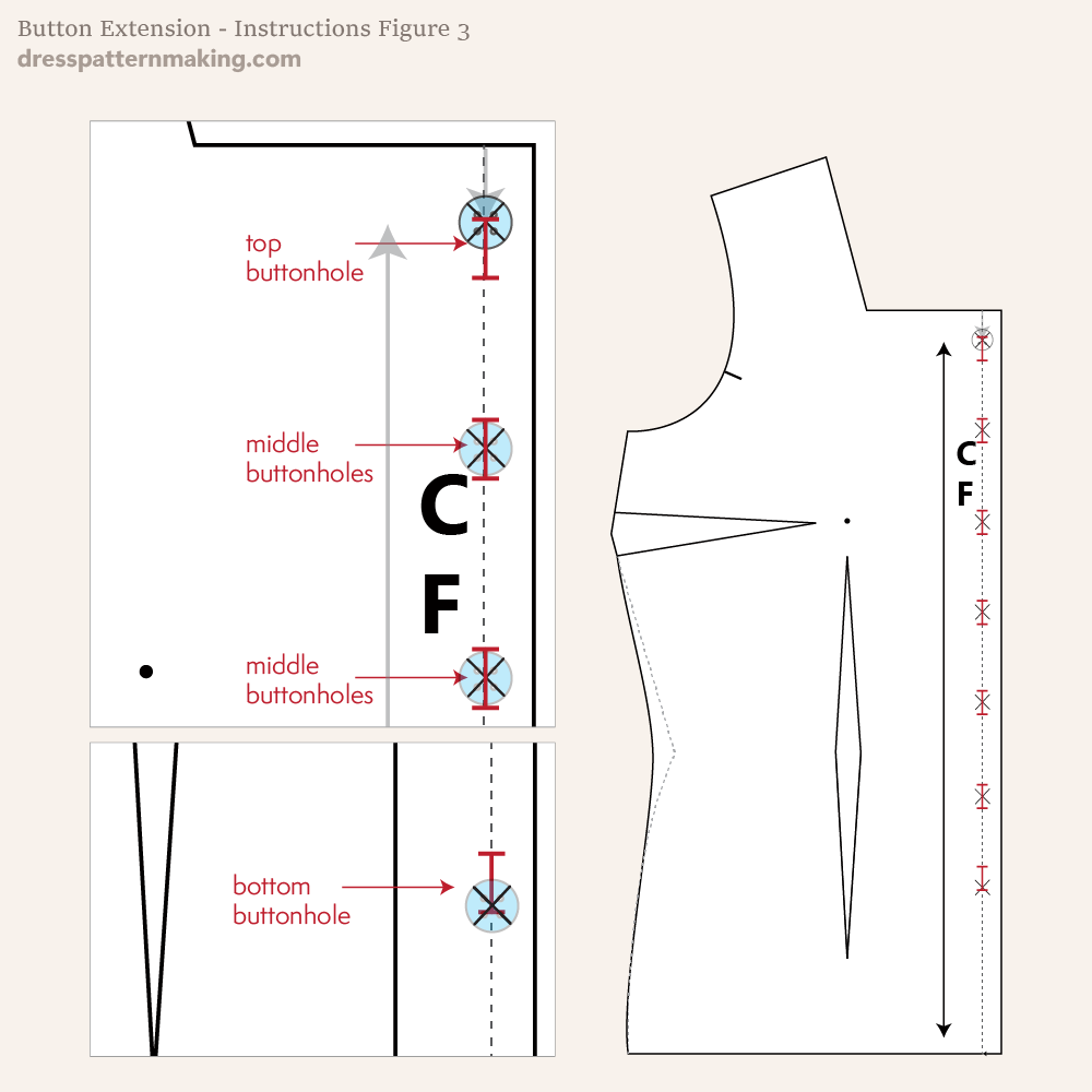 A bodice pattern with buttonholes marked. Each buttonhole is shown as a capital letter 'I' to indicate where the button will be positioned.