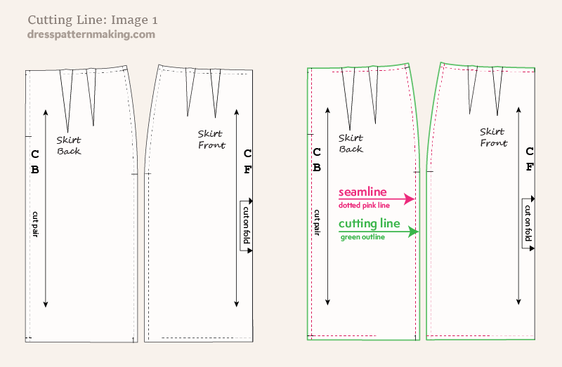 Skirt pattern showing cutting lines and sewing lines