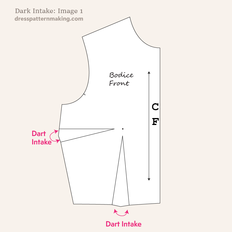 Dart intake shown on the bodice front side seam and waist