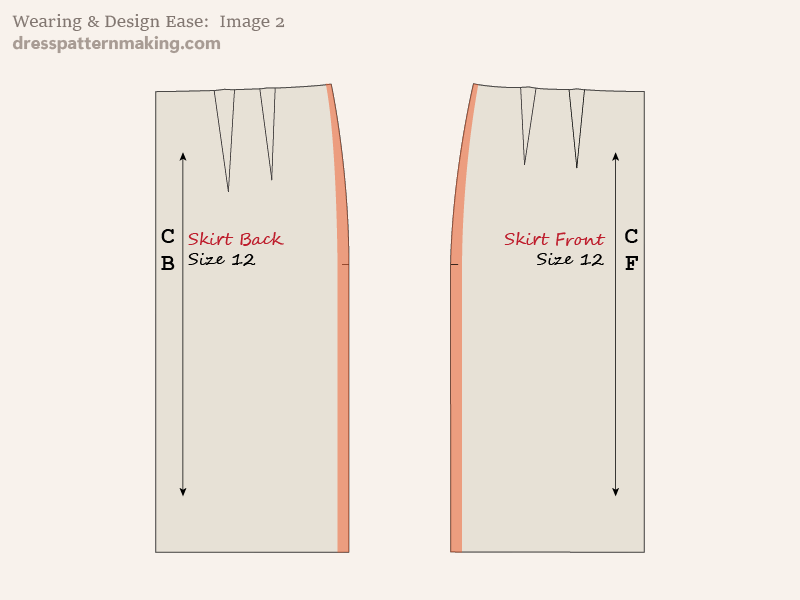 Skirt block with ease shown by orange shading