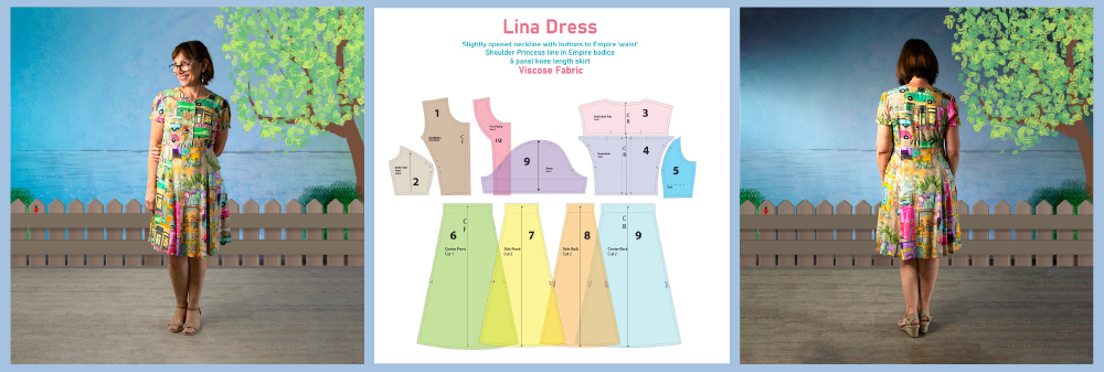 Photos of my Lina Dress and graphic showing the pattern pieces