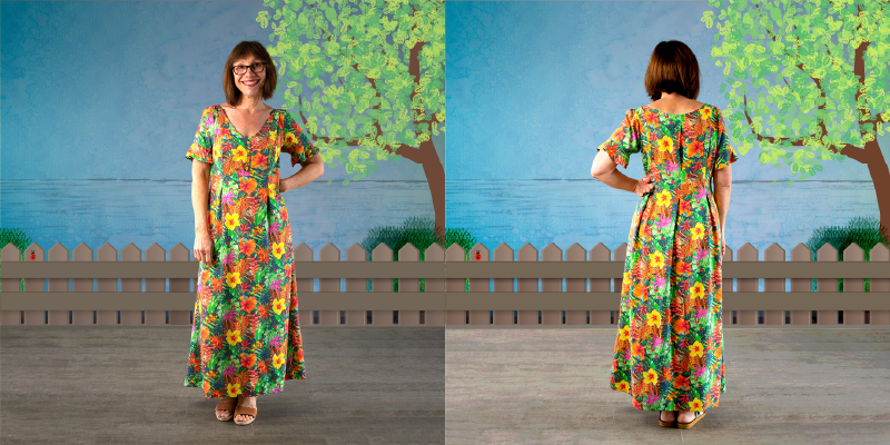 Jasnah Dress in Tropical orange viscose fabric, front and back photo