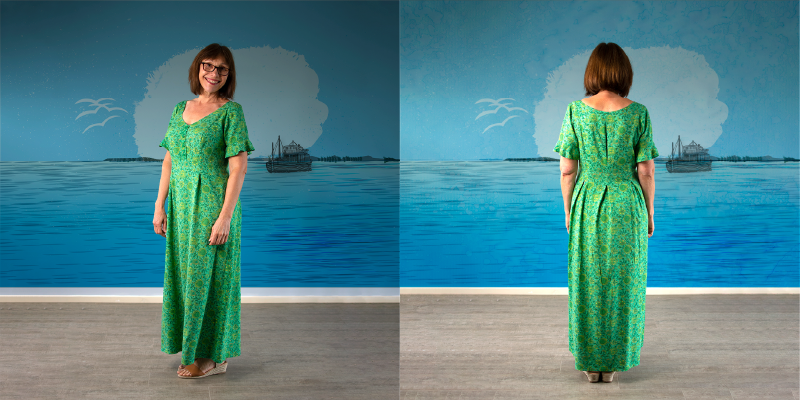 Front & Back view - 'Ababa' green rayon (viscose) fabric, approx 120gsm