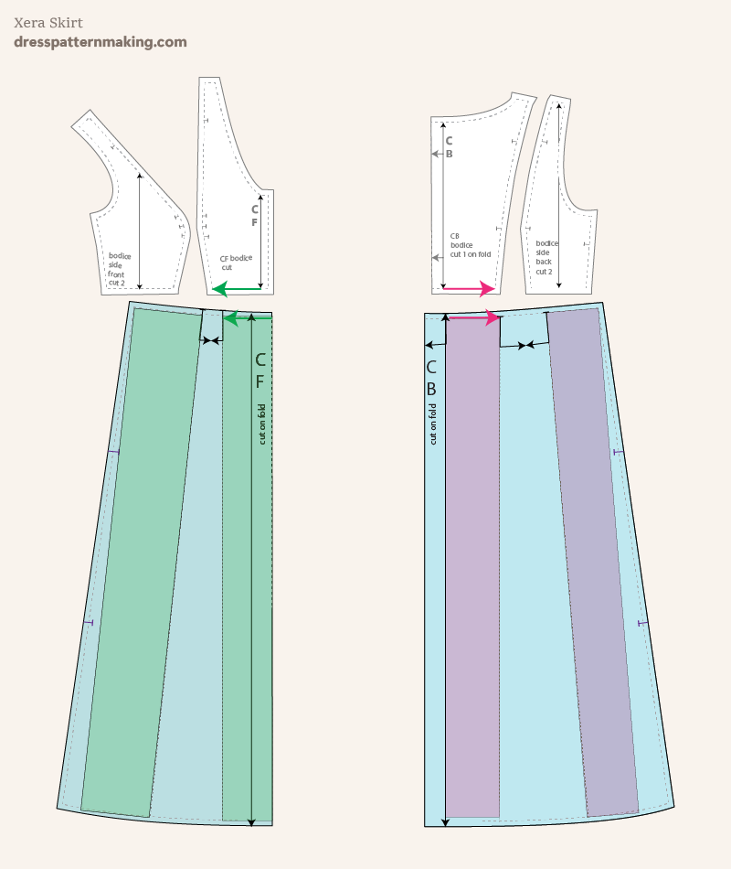 Xera Skirt pattern pieces matched up with the Serenity Bodice Pattern Pieces