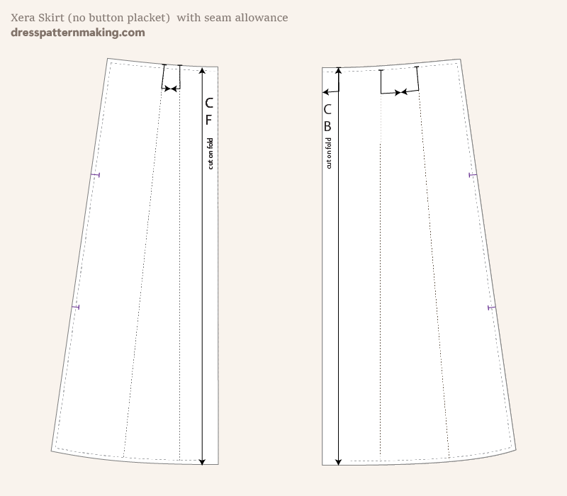 Xera Skirt pattern pieces with seam allowance