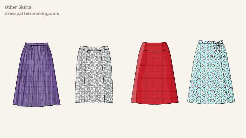 Four skirts: dirndl, lowered waist, skirt with yoke and wrap skirt