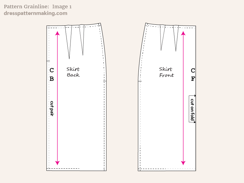 Skirt pattern pieces with grainline emphasied