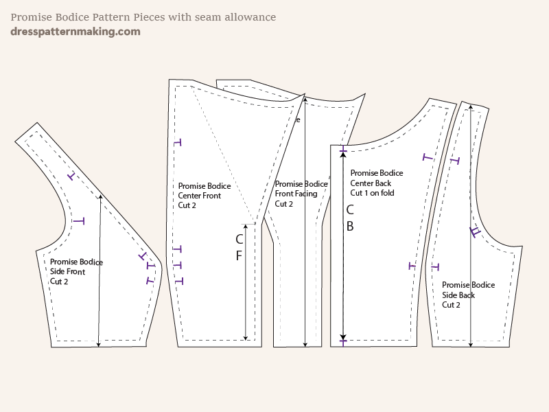 The Promise Bodice pattern pieces with seam allowance