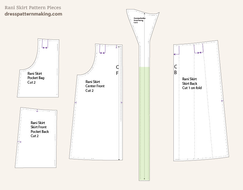 The Rani Skirt pattern pieces with seam allowance