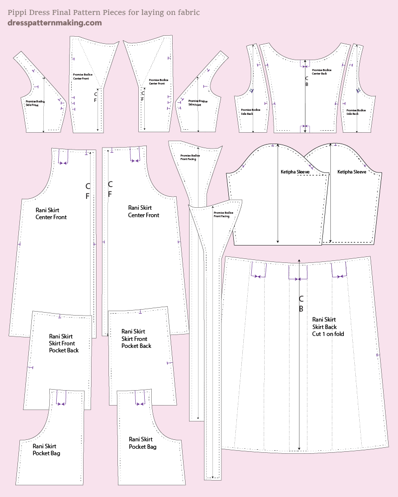 All the pattern pieces that make up the Pippi Dress, with seam allowance