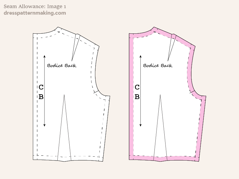 Back pattern piece with and without seam allowance