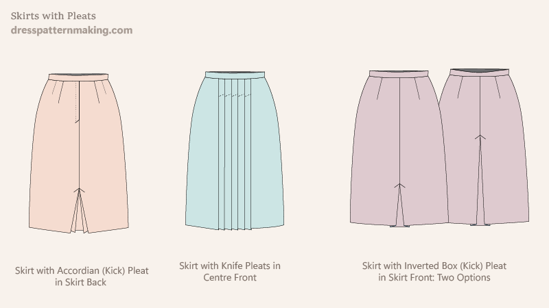 Three different pleated skirts; accordian pleat, box pleat and knife pleats