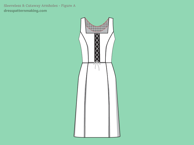 Fashion flat showing sleeveless dress with cutaway arms