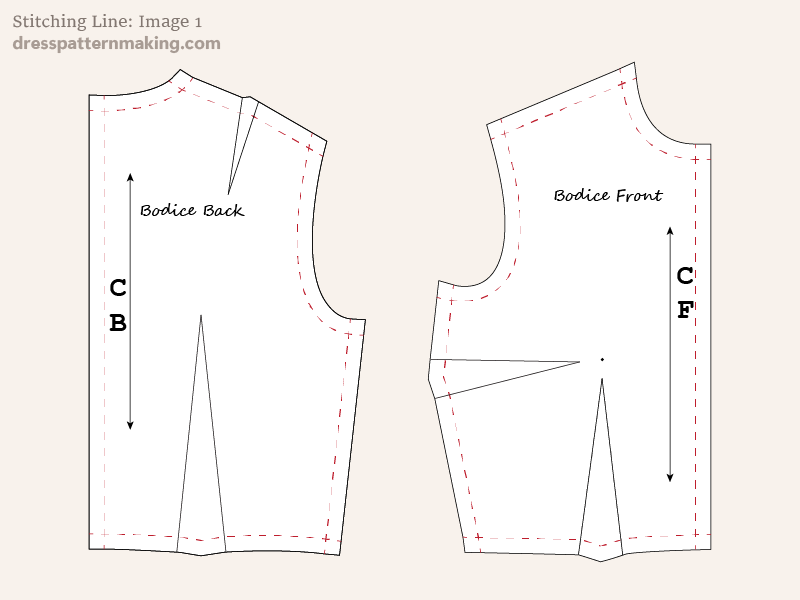 Bodice pattern pieces with stitching line indicated