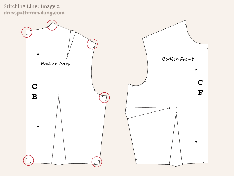 Bodice back pattern pieces with notches highlighted