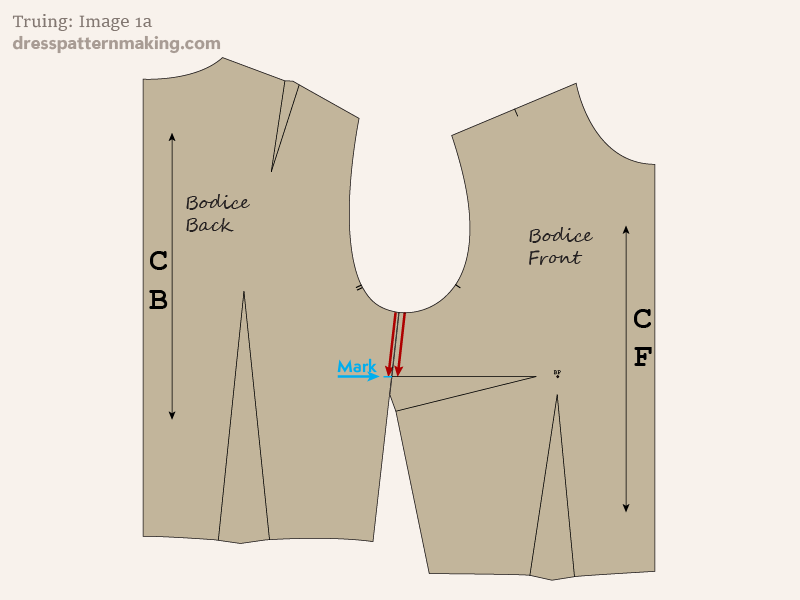 Front and back bodice block lined up at armhole