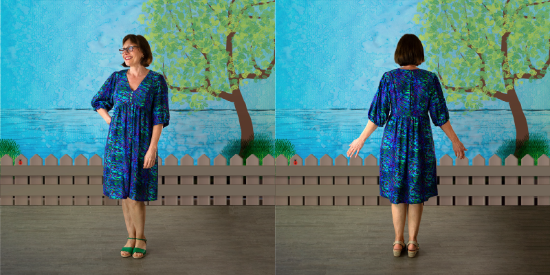 Front & Back View of my Yness Dress in purple viscose fabric