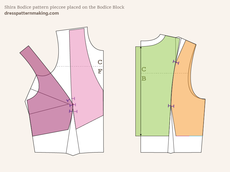 The four bodice pattern pieces placed on top of the Block 