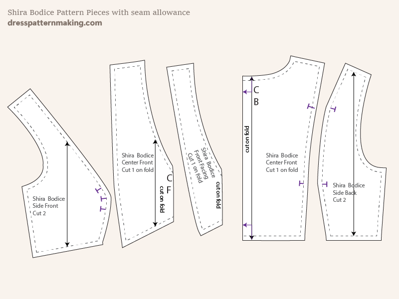 Finished Shira Bodice pattern pieces with seam allowance