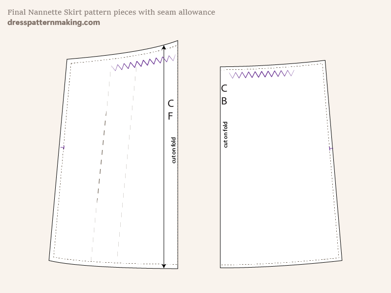 The Nanette Skirt pattern pieces with seam allowance